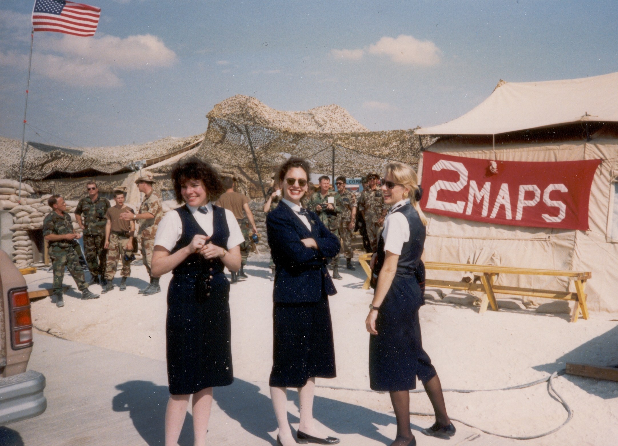 1990, Jane Andreassi  and fellow flight attendants at a remote air base in Saudi Arabia.  On the right side of the photo is  Molly Thomas.  Pan Am had just delivered a group of soldiers to Saudi Arabia as part of the build up for the First Gulf War.